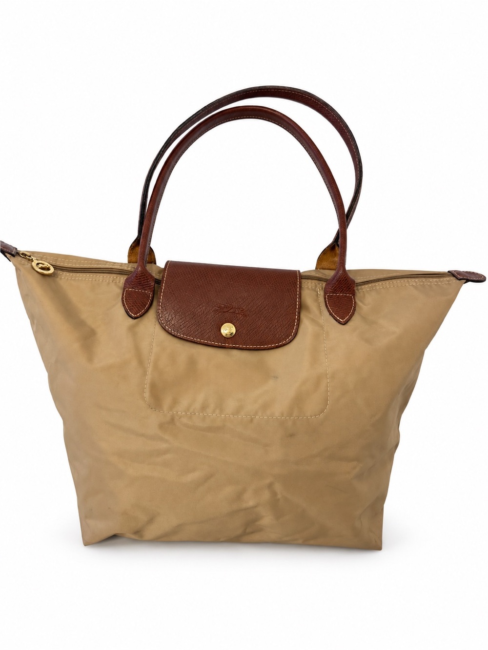 Longchamp Le Pliage Large Tan Nylon Leather Shoulder Tote Bag